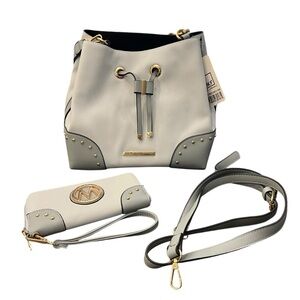 Gray and Cream Shoulder Bags‎ with Drawstring Closures